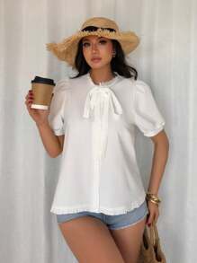 Chiquease Elegant Puff Sleeve Sweet Bowknot Solid Color Lace Trim Shirt, Spring/Summer - White - View 3