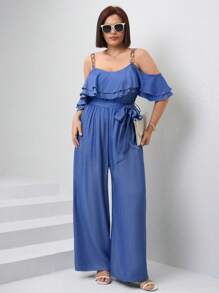 SHEIN Clasi 大码女式纯色露肩荷叶边阔腿休闲连体裤