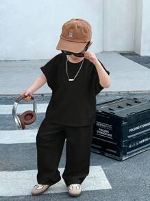 2pcs Kids Young Boys Casual Japanese And Korean Loose Casual Apricot Knit Floral Yarn Pit Stripe Loose T-Shirt Pants Two Pieces Set, Suitable For School, Sports, Vacation, Home And Outdoor, Suitable For Spring And Summer Seasons - Black - View 7