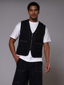 Musero Contrast Stitch Zip Pockets Sleeveless Utility Vest Only - Black - View 1