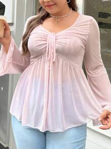 Plus Size Mesh Casual Top, Suitable For Summer Fall Cloth For Women - Baby Pink - View 1