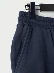 EURMUSE Áo hoodie cotton nam có miếng vá chữ & quần nỉ có dây rút ở eo - Màu xanh hải quân - Xem 3