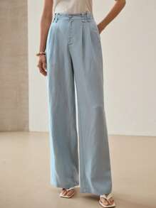 MOTF PREMIUM PANTALONES CON BOLSILLO INCLINADO Y PLIEGUES PLEGADOS DE LINO - Azul - Ver 4