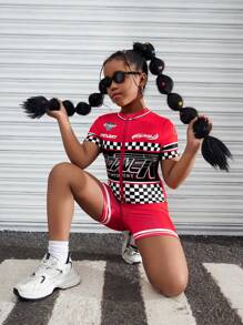 Tween Girls' Red Letter & Checkerboard Print Tight Fitting Jumpsuit Shorts - Red - View 5
