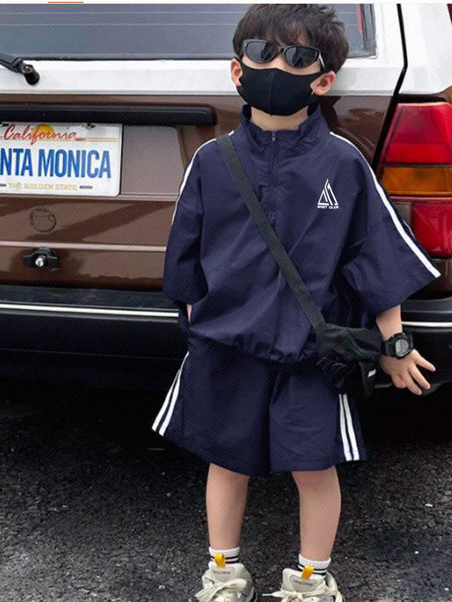 SHEIN Leap Crew 2pcs Kids Boys Casual Korean Style Loose Half-Zip Hoodie & Shorts Set,Summer Short Sleeve Outing Outfit For School,Garden,Beach,Birthday,Spring,Fall - Navy Blue - View 1