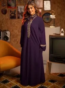 Al Najma 女士阿拉伯风格简约连衣裙，适合夏季 - 紫色 - 查看 4