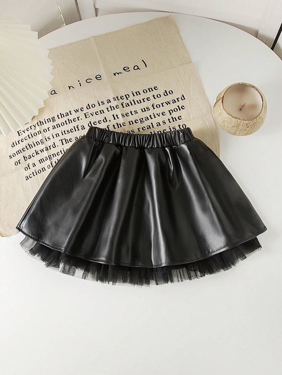 Genkimix Kids Young Girl A - Line PU Leather Skirt. The Hem Is Decorated With Net Lace Accessories. It's Comfortable, Stylish, Elegant, Sweet, And Cute, A Must - Have For Daily And Outings.