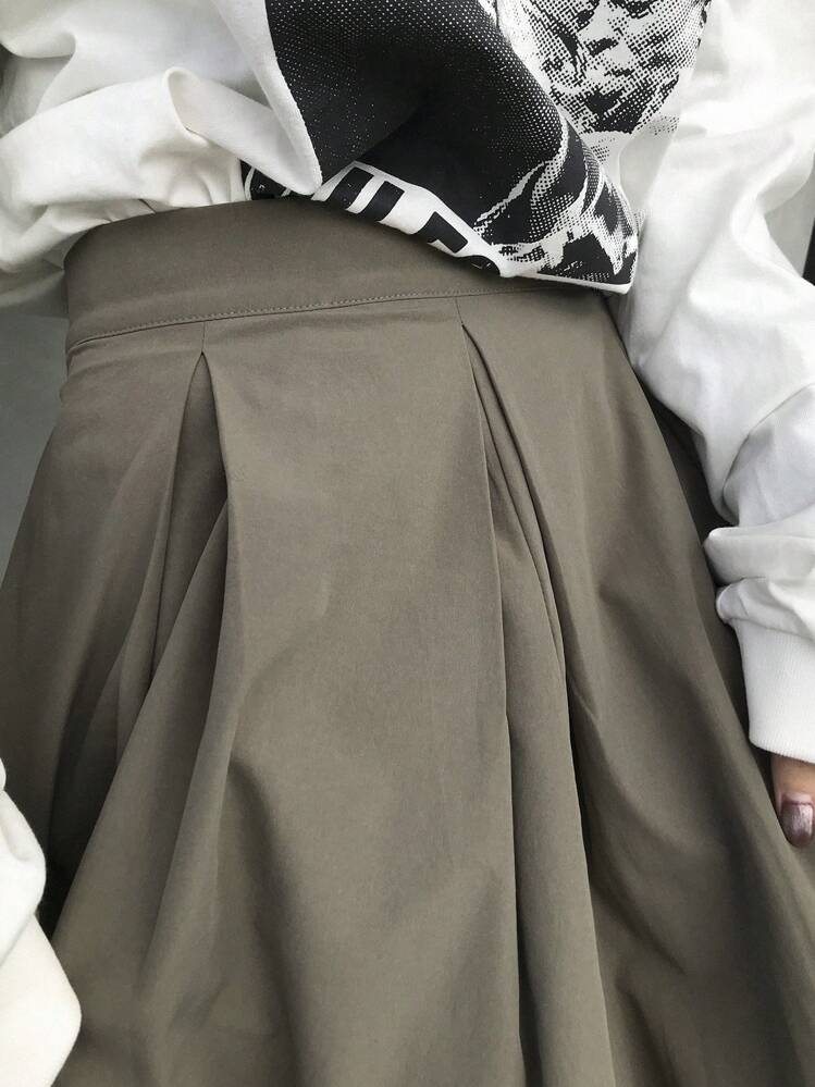 FRIFUL Women's Khaki High Waist Pleated Maxi A-Line Skirt - Green - View 6