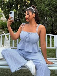 SHEIN EZwear 2 件大码夏季休闲度假露肩条纹系带短款吊带背心上衣和高腰阔腿条纹裤套装 - 淺藍色 - 查看 6