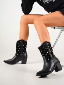 Styleloop Bottes mi-mollet à talon épais avec décoration de perles de couleur noire unie de haute qualité à bout pointu pour femmes