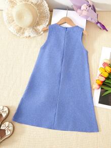 SHEIN 可爱少女时尚珍珠蝴蝶结装饰无袖 A 字裙 - 藍色 - 查看 2