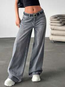 EURMUSE Quần Jeans Ống Rộng Cạp Thấp Chi Tiết - Xám - Xem 6