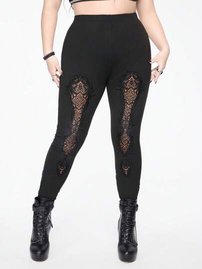 Plus Size Gothic Hollow-Out Embroidered Bowknot Tie Back Leggings