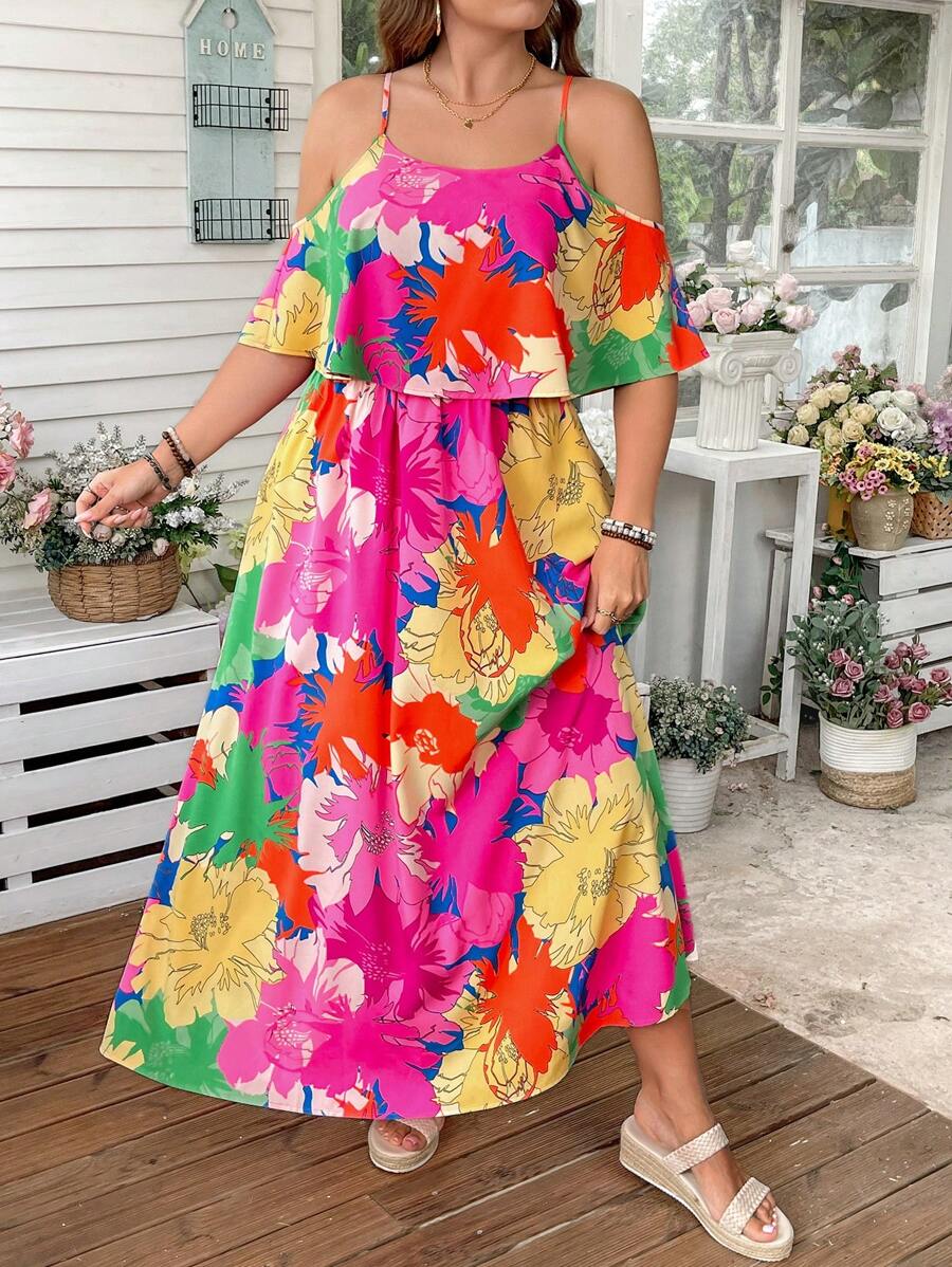 SHEIN LUNE Vestido holgado de talla grande con estampado floral vibrante, atuendos de primavera románticos, atuendos de verano para mujeres, atuendos para brunch, atuendos para el Día de la Madre, atuendos para la iglesia para mujeres - Multicolor - Ver 1