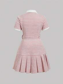 SHEIN MOD 大码女式千鸟格马球领褶皱连衣裙（配腰带）、外出装、工作办公室服装、返校节装、格子连衣裙、新年装、情人节装 - 粉色 - 查看 2