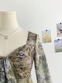 Soleia Women's Vacation Tie Knot Floral Print Long Flare Sleeve Beach Top , Summer Clothes For Women Country Concert - Multicolor - View 6