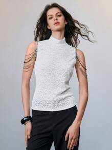 SHEIN LUNE 女士百搭修身银色锁子甲露背上衣，高领弹力白色蕾丝背心，春夏