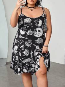 SHEIN CURVE+ Casual Minimalist Skeleton Print Sleeveless A-Line Hem Summer Mini Dress, Black & White Skeleton Graphic Music Festival Dress - Black and White - View 6