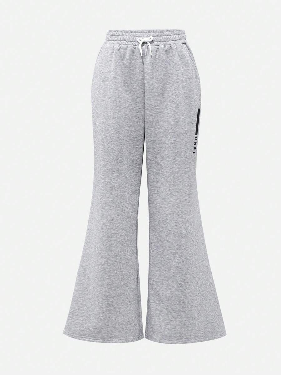 SHEIN Teen Boy Letter Print Drawstring Waist Flare Pants - Grey - View 1