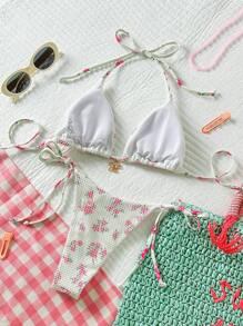 Swim Mod Women's Floral Print Halter Bikini Set, Summer Beach Clothes Outfit