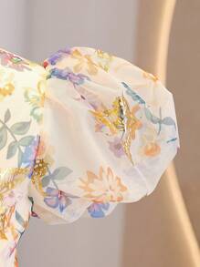 Girls' Sweet Puff Sleeve Princess Dress, Net Yarn Printed Dress For Birthday Party, Stage Performance, Fashionable Outfits - Orange - View 5