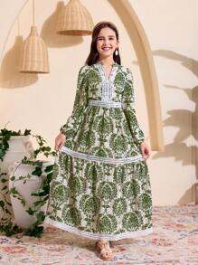 Tween Girls' Vacation Style Print Long Sleeve Dress - Green - View 4