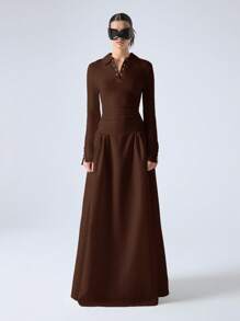 LYSMO V-Neck Patchwork Buttoned High-Low Cinched Waist Dress With Elegant Design - Brown - View 3