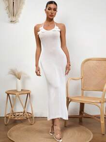 SHEIN Swim Elegant & Delicate White Crochet Floral Wedding Cover Up Dress For Women, Summer Beach Vacation - White - View 1