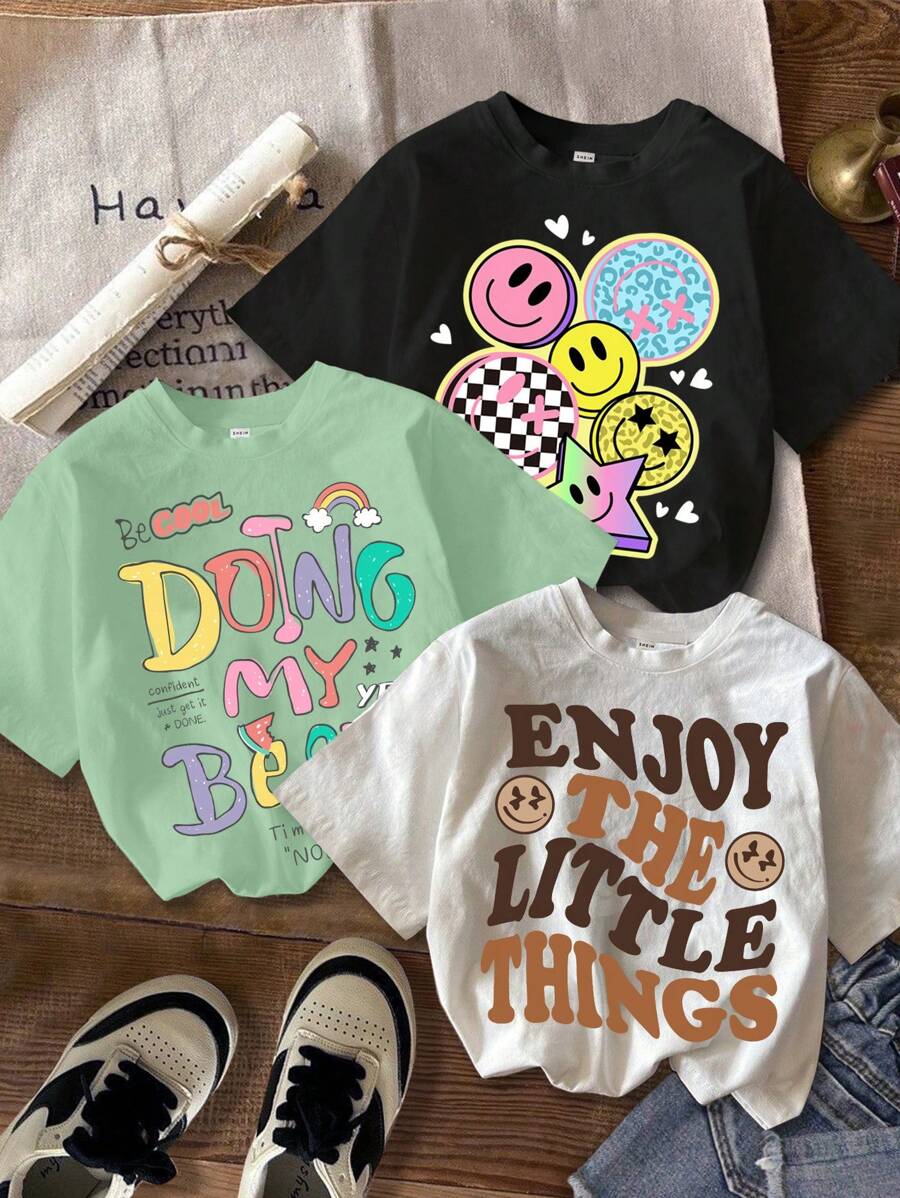 SHEIN Leap Crew Young Girl Casual Cartoon Pattern Multipack T-Shirts, Suitable For Summer - Multicolor - View 1