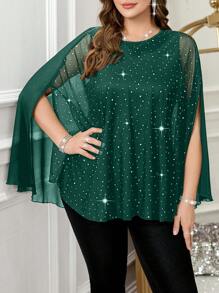 SHEIN Clasi Plus Size Women Bling Glitter Splice Net Mesh Batwing Sleeve Loose Blouse - Dark Green - View 3
