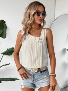 SHEIN LUNE 女士不对称领扣边亚麻条纹无袖休闲衬衫夏季度假 - 杏色 - 查看 5