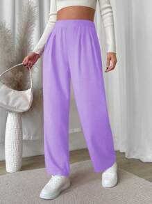 SHEIN Unity Pantalones de color liso, de estilo sencillo y apropiados para el verano - Morado Violeta - Ver 4