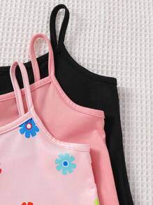 SHEIN Leap Crew 3pcs Set Young Girl Solid Color Snug Fit Casual Jumpsuit & Flower Pattern Knit Casual Jumpsuit Set For Spring - Purple - View 3