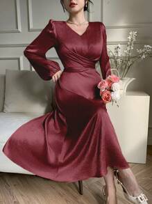 DAZY Elegante vestido largo burdeos para mujer con cuello en V, mangas largas y bajo acampanado, vestido de otoño para bodas y Año Nuevo