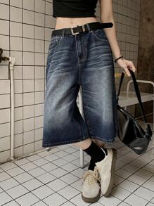 DAZY 女式韩版休闲水洗宽松牛仔短裤，夏季休闲短裤 - 藍色 - 查看 2