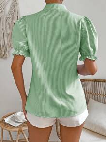 RosyDaze Women's Striped Tie Neck Short Puff Sleeve Single-Breasted Casual Blouse