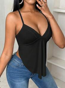 SHEIN PETITE 深V領不對稱下擺修身性感背心 女款白色極簡日常細肩帶背心，適合嬌小女性 - 黑色 - 查看 5