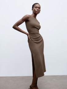 Maija 2025 年夏季新款摩卡色细肩带露肩褶饰腰部连衣裙，商务休闲日常通勤优雅，适合海滩度假、婚礼嘉宾、乡村音乐节、早午餐、机场，90 年代复古风格