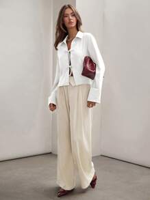 COSMINA Women's Plain White Front Tie Long Sleeve Minimalist Business Casual Work Shirt, Casual Daily Wear FAll - White - View 3