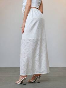 SHEIN LUNE Casual Solid Color Hollow Lace Long Skirt - White - View 2