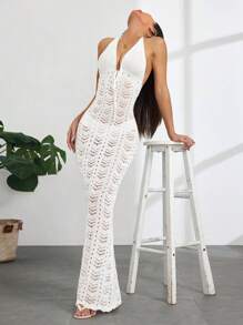 Flirla Nuevo vestido de punto largo sin mangas y sin espalda entallado con diseño de sirena, color blanco, diseño versátil para vacaciones, primavera/verano - Blanco - Ver 4
