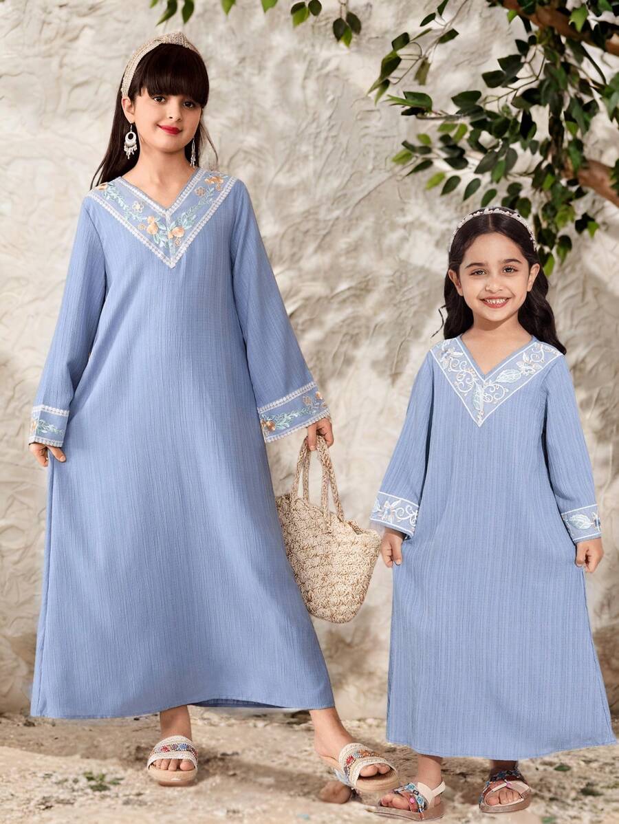 Young Girls Floral Print Light Blue Dress, Textured Fabric, Elegant And Adorable Design For Little Girls - Blue - View 1