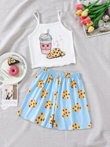 2 件女童休闲饼干和饮料图案背心和短裤套装，舒适家居服套装 - 彩色 - 查看 1