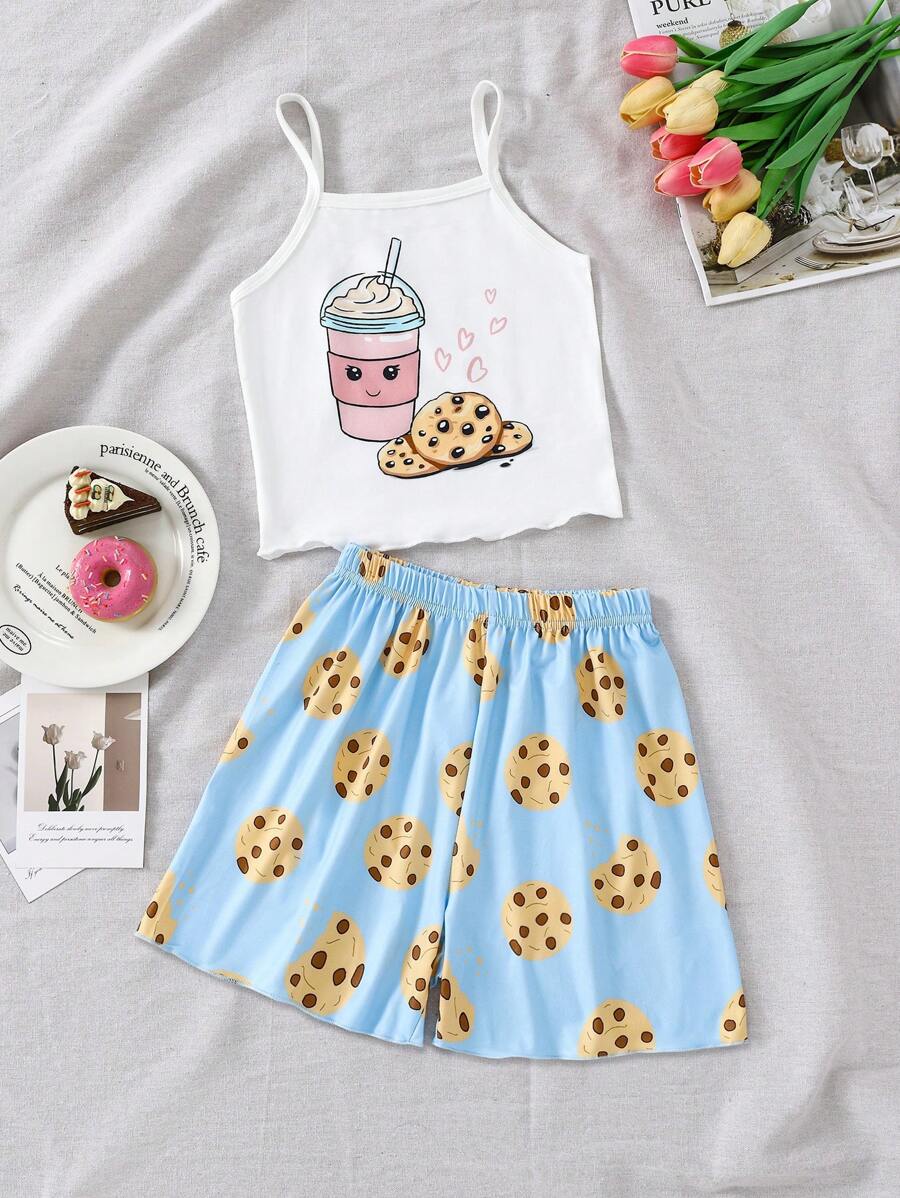 2 件女童休闲饼干和饮料图案背心和短裤套装，舒适家居服套装 - 彩色 - 查看 1
