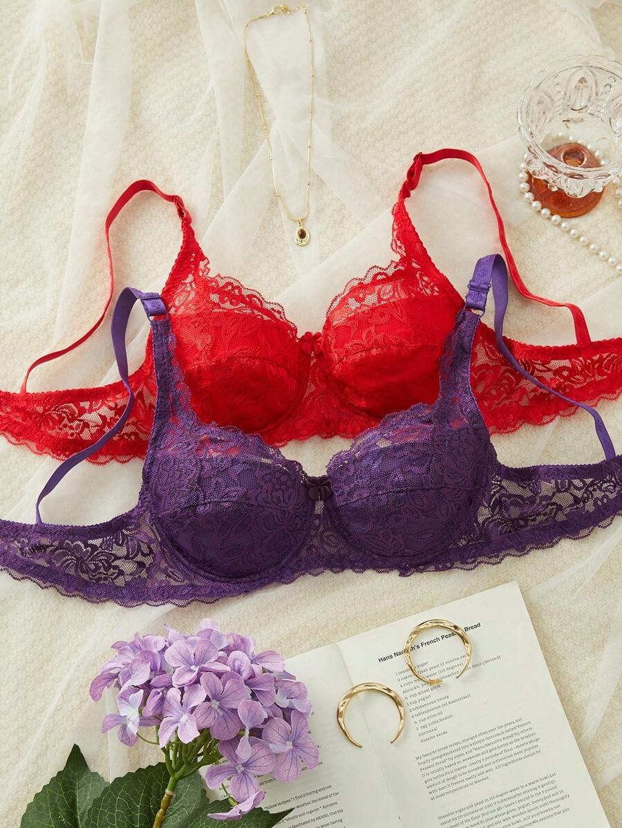 2 件套：蕾丝性感内衣文胸和无钢圈性感内衣文胸 - 彩色 - 查看 1