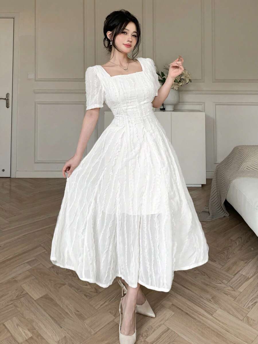 DAZY 女式纯色方领荷叶边下摆优雅纹理中长连衣裙夏季优雅太阳裙 - 白色 - 查看 1