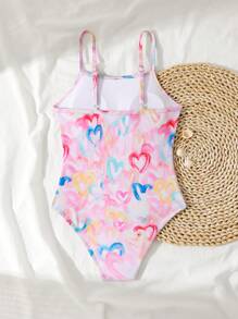 SHEIN Tween Girl 霓虹心形印花可调节肩带连体泳衣 - 彩色 - 查看 2