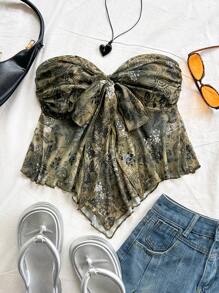 Soleia 女士复古印花结饰前系带荷叶边拼布短款上衣，度假风格 - 彩色 - 查看 2