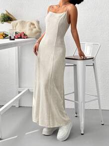 SHEIN EZwear 杏色编织细肩带露背女式海滩度假连衣裙 - 杏色 - 查看 3