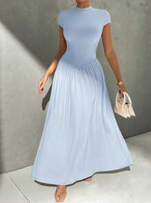 Firerie Đầm dài dáng chữ A không đối xứng màu trơn tay ngắn cổ đứng thanh lịch tối giản, eo cao, mặc hàng ngày đa năng - Màu xanh nhạt - Xem 7